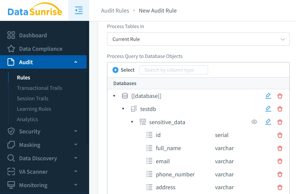 Erstellung einer Informix-Prüfregel für spezifische Daten in DataSunrise