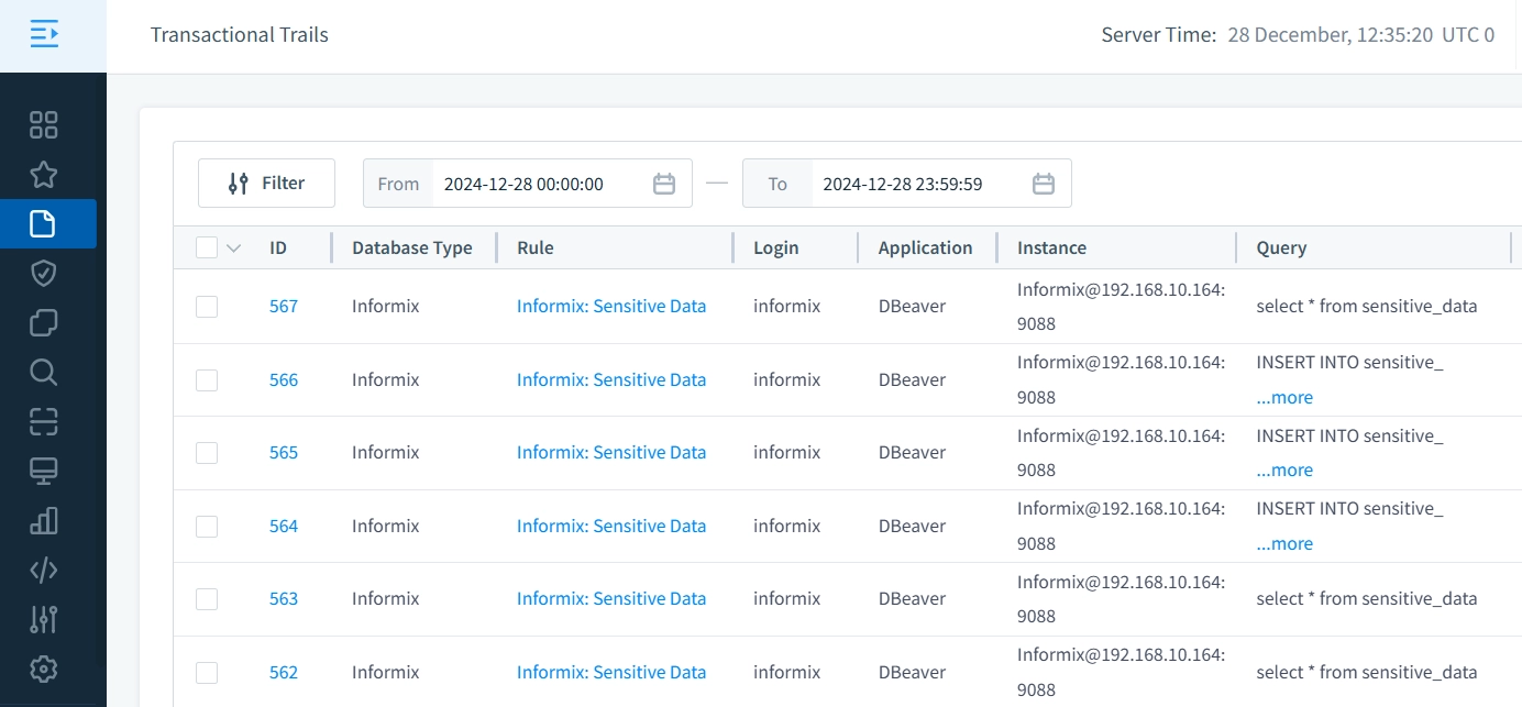 Erfasste Prüfpfade für spezifizierte Informix-Daten in DataSunrise