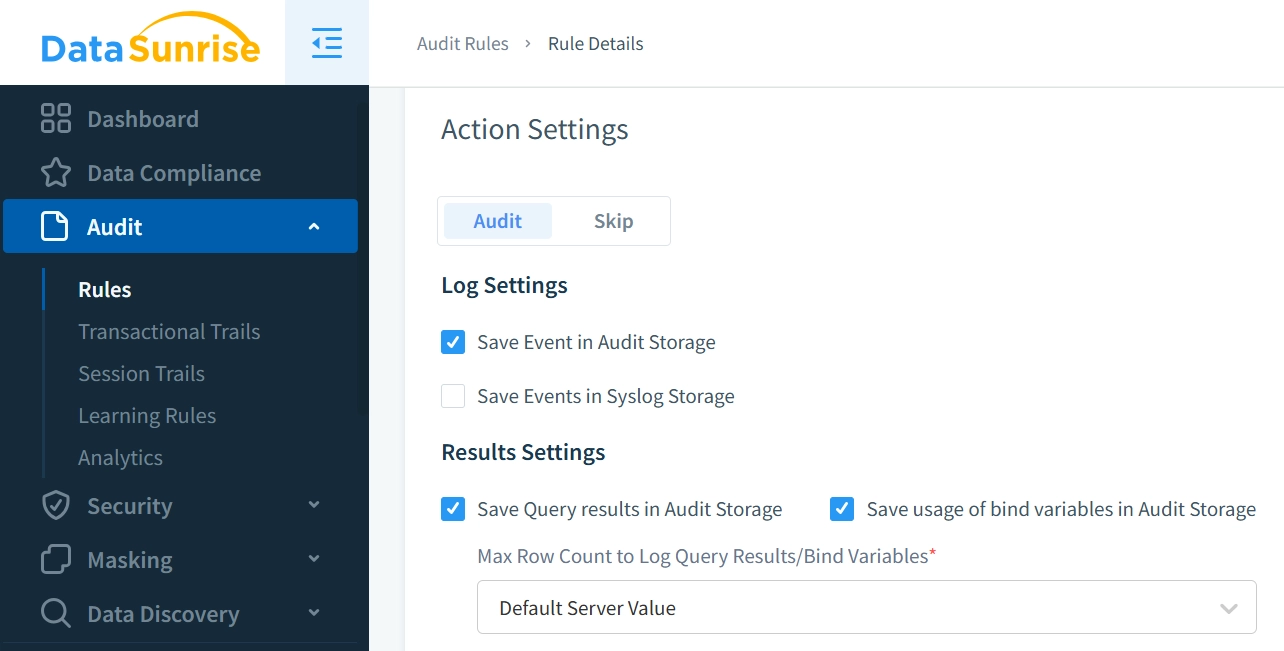 Erstellung von Audit-Regeln für Informix in DataSunrise