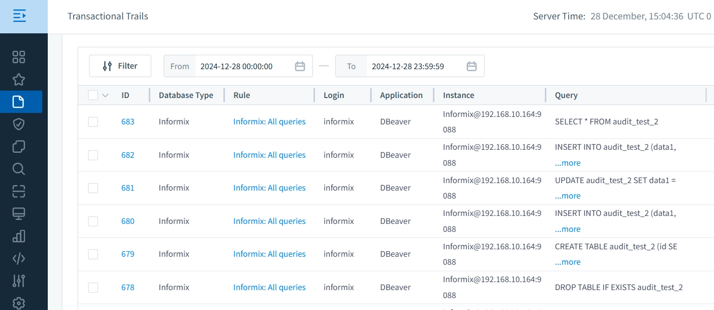 Informix-Datenbankaktivität Verlauf in DataSunrise erfasst