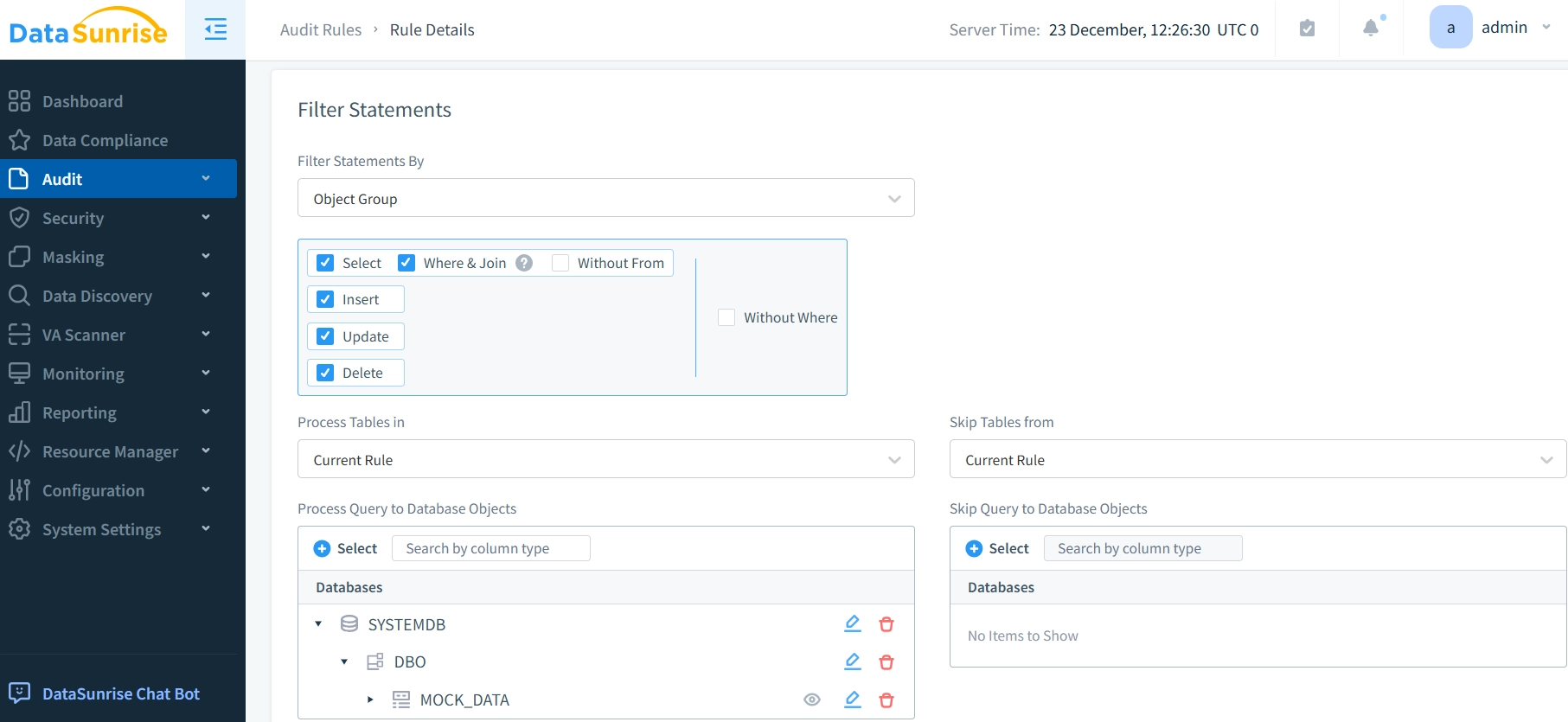 Écran de Configuration des Règles d'Audit SAP HANA DataSunrise