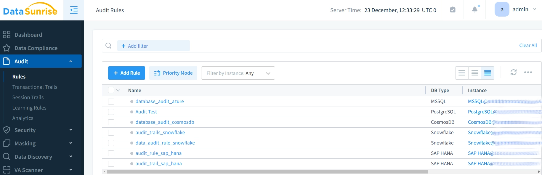 DataSunrise Audit Rules Management Panel for SAP HANA