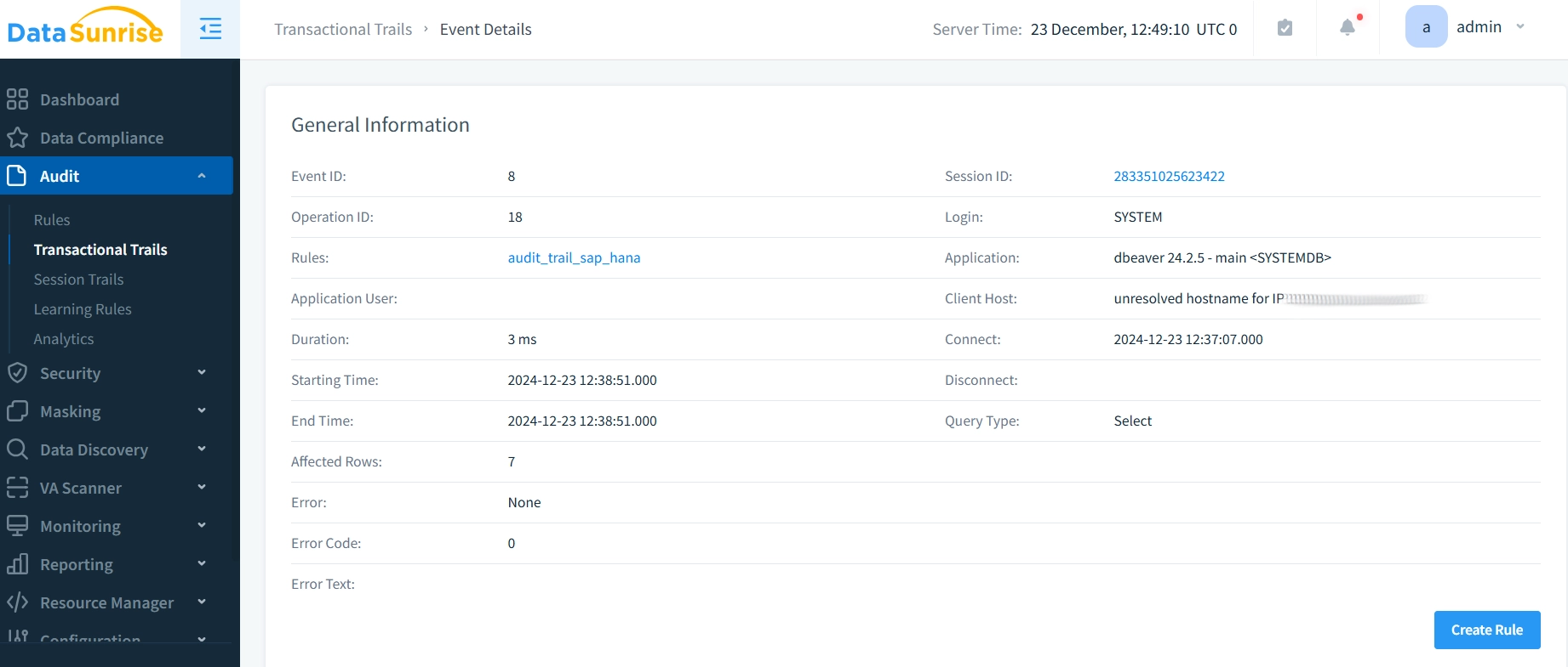 Vue du Tableau de Bord de la Piste d'Audit SAP HANA DataSunrise