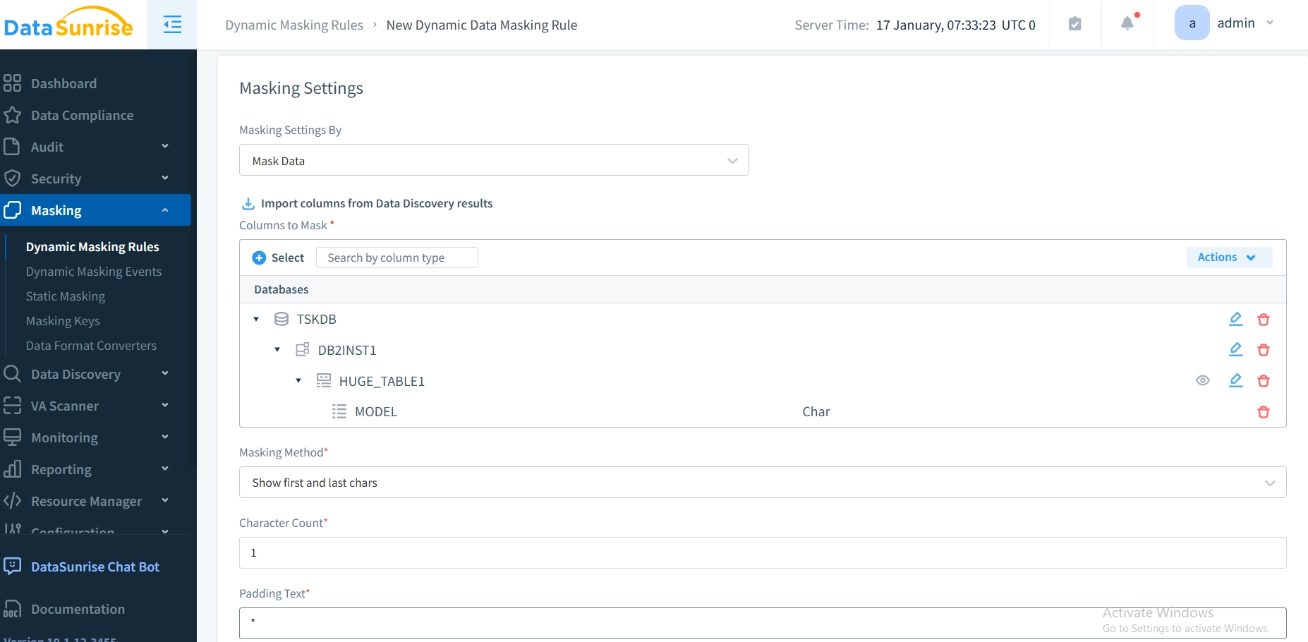 DataSunrise Data Masking Rule Configuration Interface